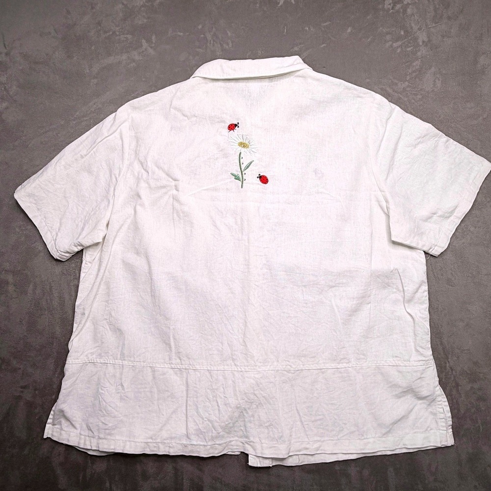 Vtg Dressbarn Button Front Shirt Womens 18 White Linen Embroidered Daisy Ladybug - Picture 3 of 10
